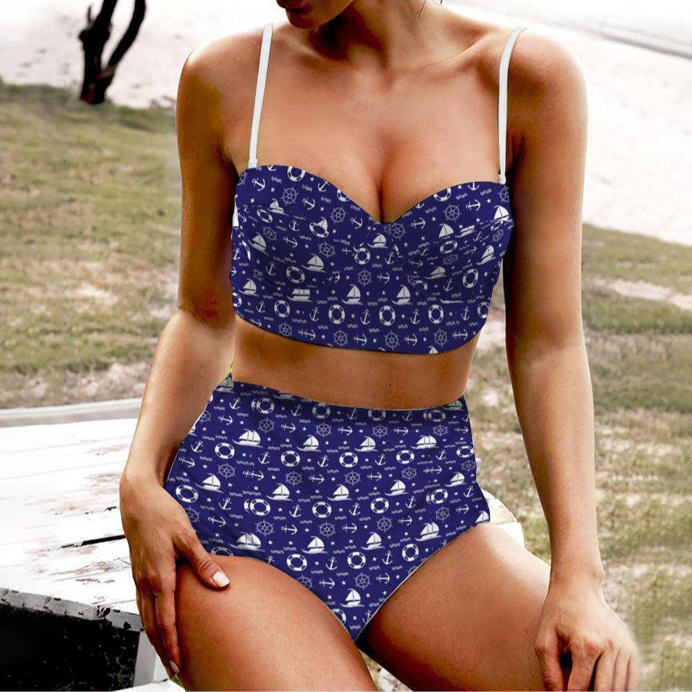 Nautical High Waist Retro Bikini - Poison Arrow Retro