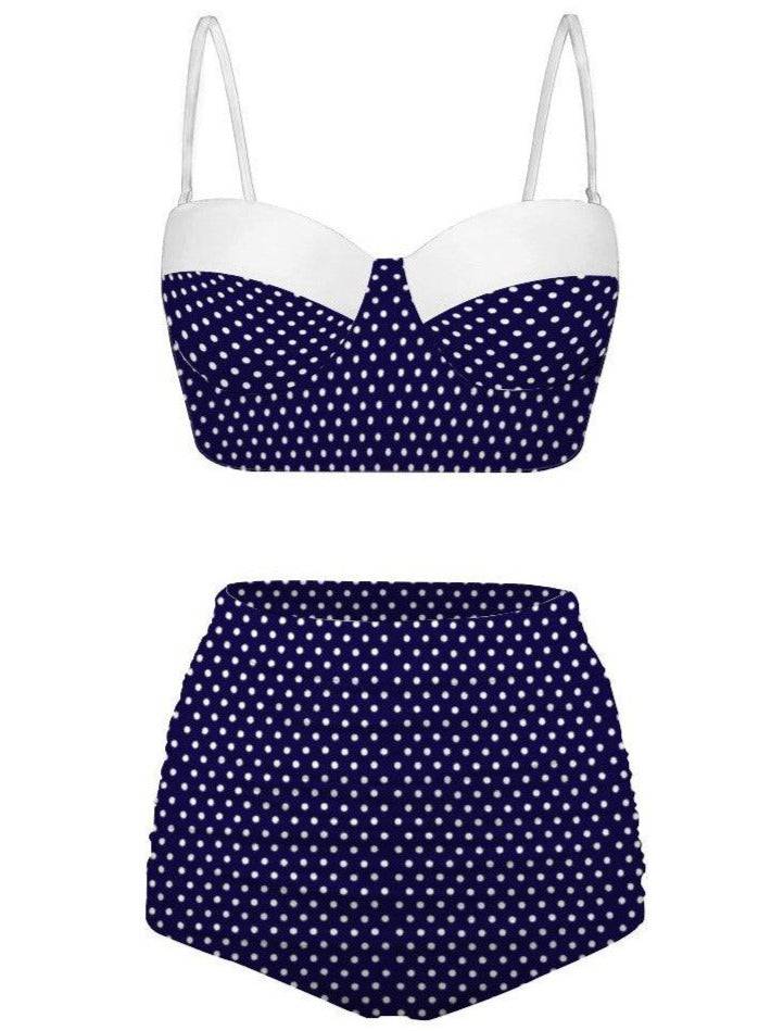 Navy Polka Dot High Waist Retro Bikini - Poison Arrow Retro