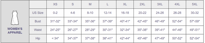 Size chart for women's apparel detailing US sizes and corresponding bust, waist, and hip measurements.