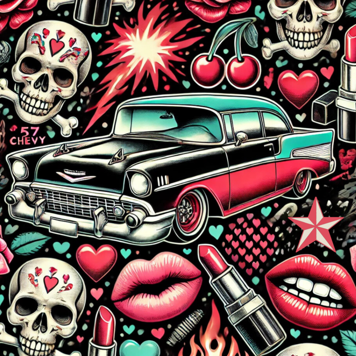 Retro pattern featuring a 1957 Chevy, skulls, hearts, and bold lips, embodying rockabilly style and attitude.